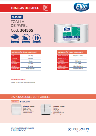 FICHA PAPEL TOALLA JUMBO CLASSIC X 200 MT 361535 1 HOJA X 2 ROLLOS - ELITE